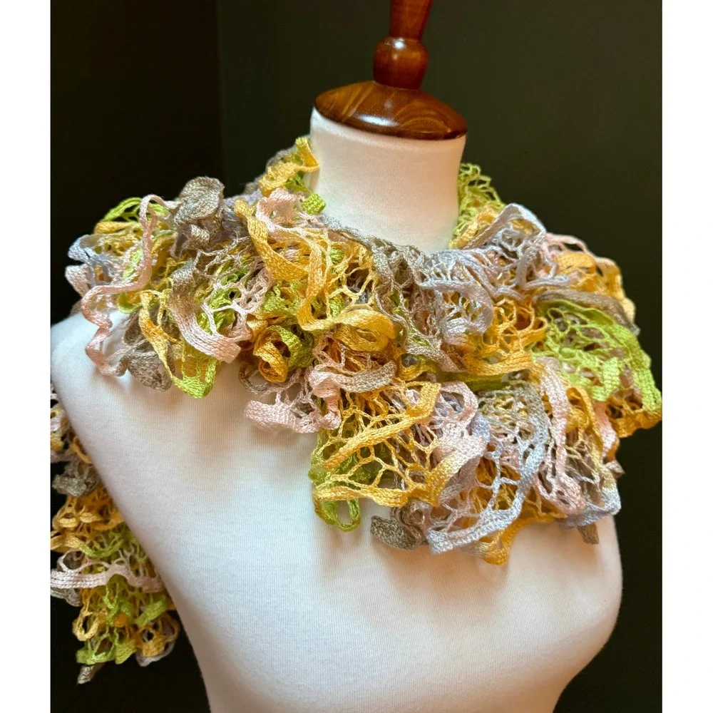 Ruffled Yellow, Green, Pink & Gray‎ Ruffle Scarf